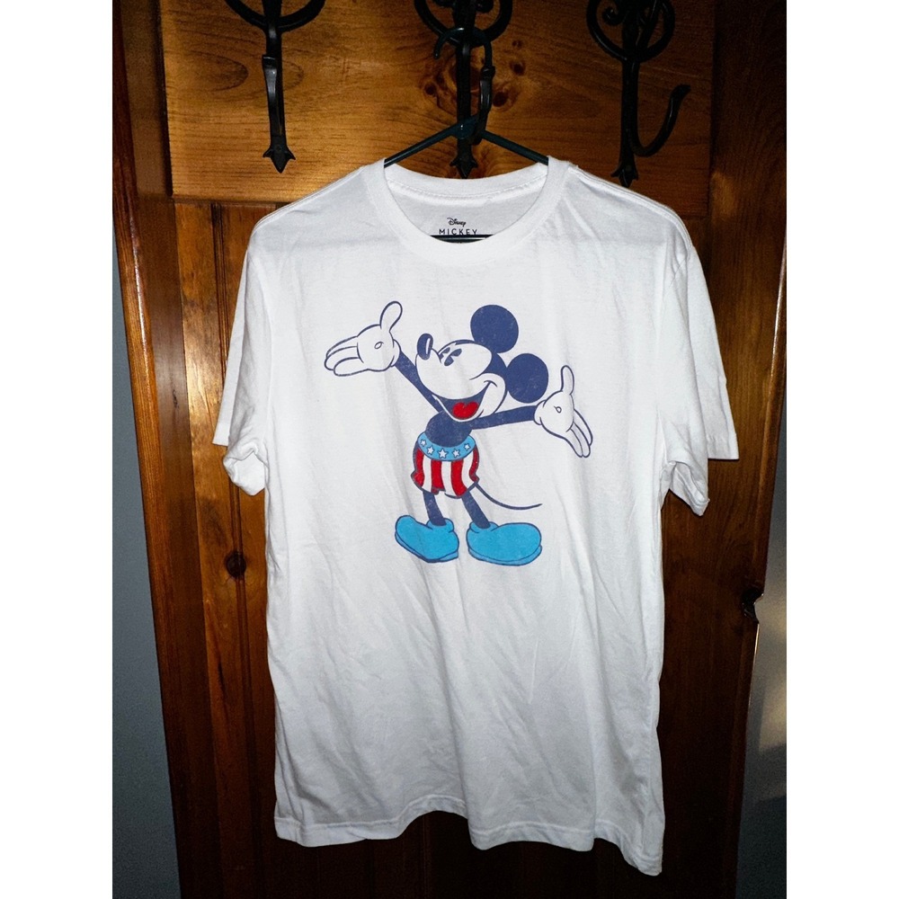 Disney Mickey Mouse Patriotic Graphic T Shirt Men's Large White Cotton Blend